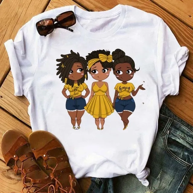 Black African Girls T-shirt Women Cartoon Graphic Print
