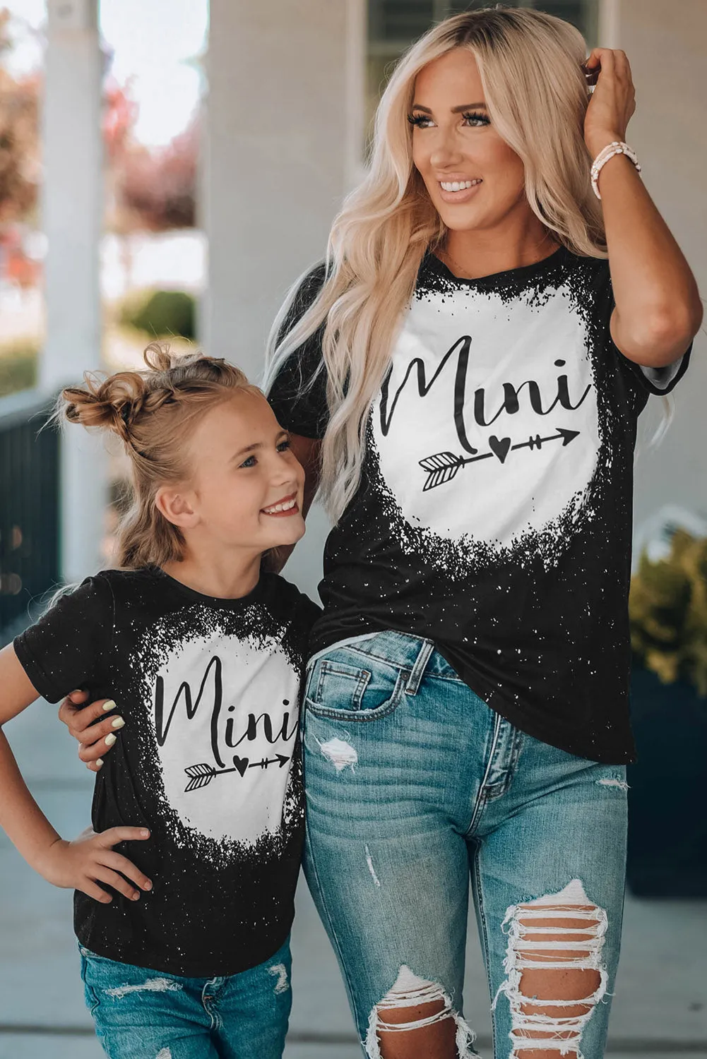 Black Family Matching Girl's Mini Heart Graphic Print Short Sleeve T Shirt