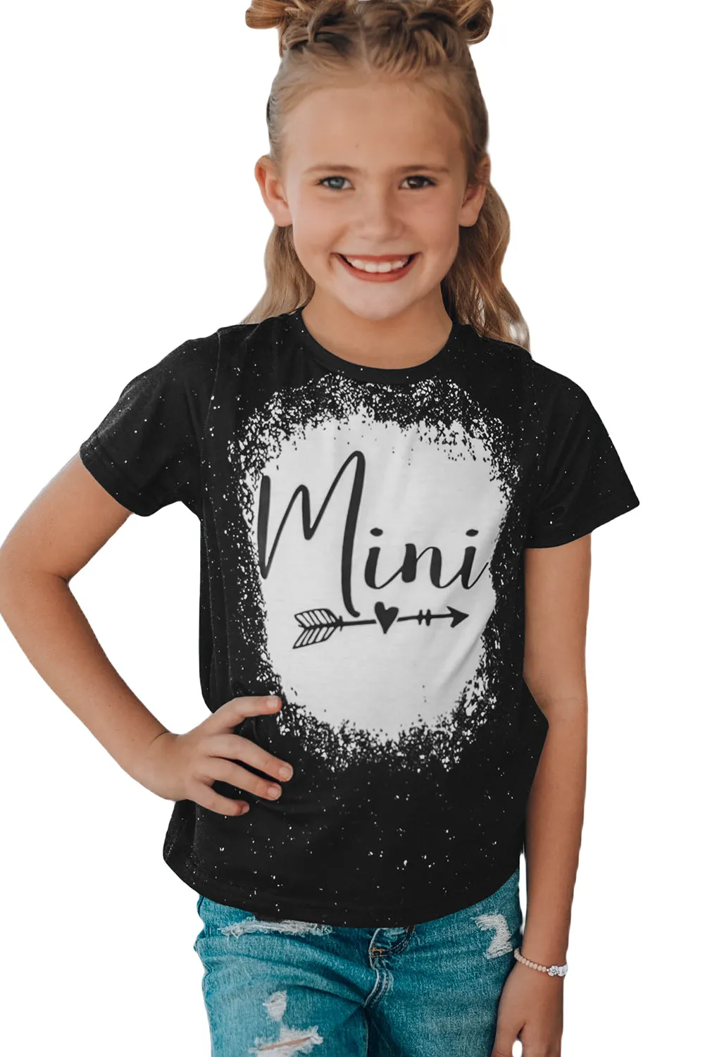 Black Family Matching Girl's Mini Heart Graphic Print Short Sleeve T Shirt