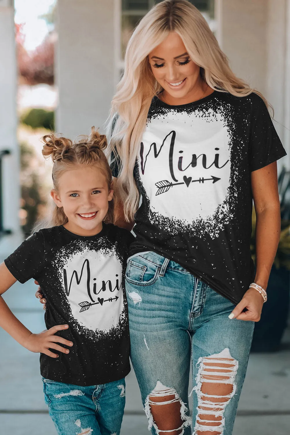 Black Family Matching Girl's Mini Heart Graphic Print Short Sleeve T Shirt