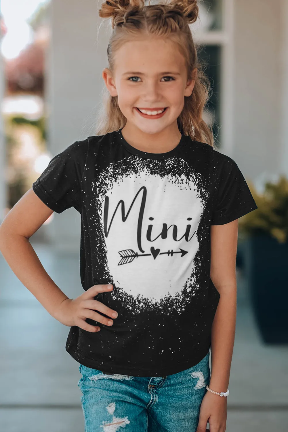 Black Family Matching Girl's Mini Heart Graphic Print Short Sleeve T Shirt