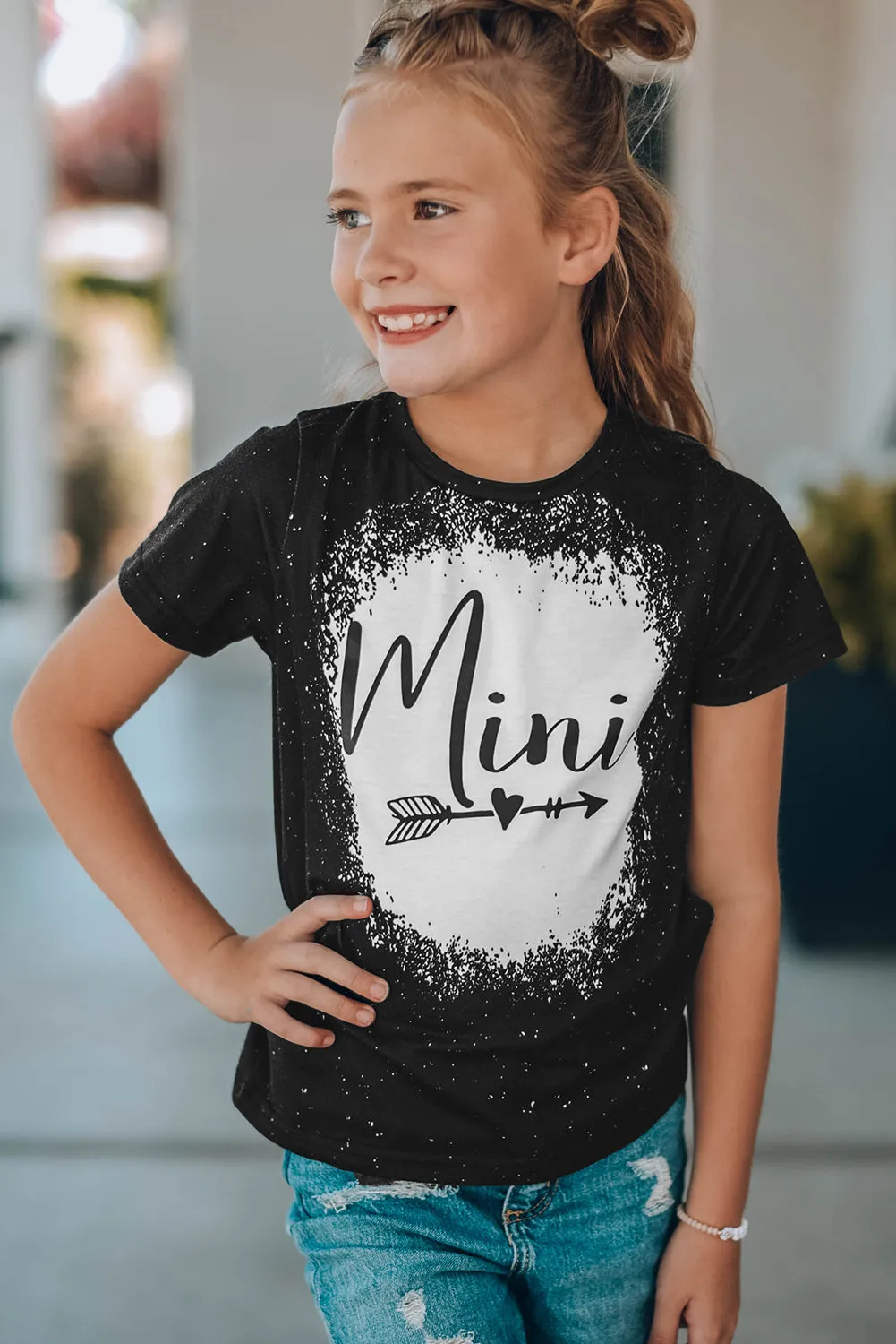 Black Family Matching Girl's Mini Heart Graphic Print Short Sleeve T Shirt
