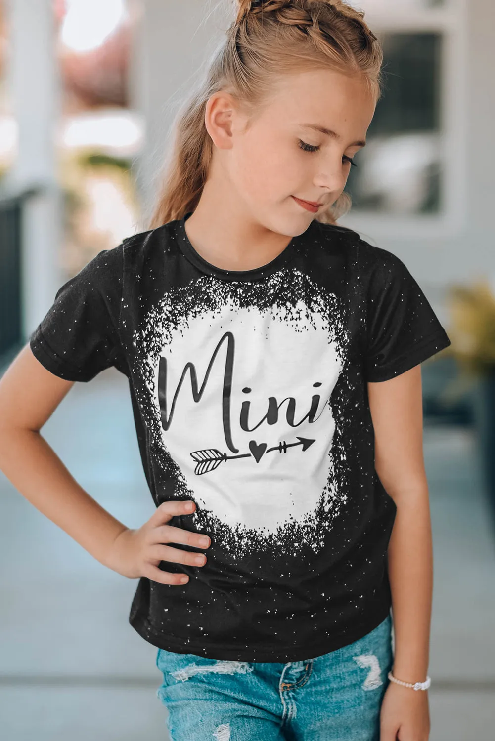 Black Family Matching Girl's Mini Heart Graphic Print Short Sleeve T Shirt