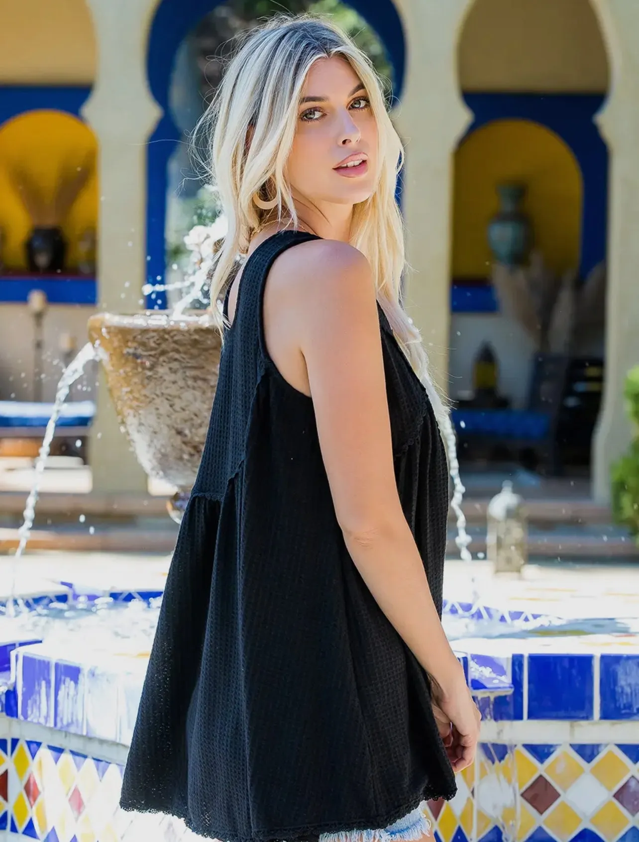 Black Lace Trim Button Tank