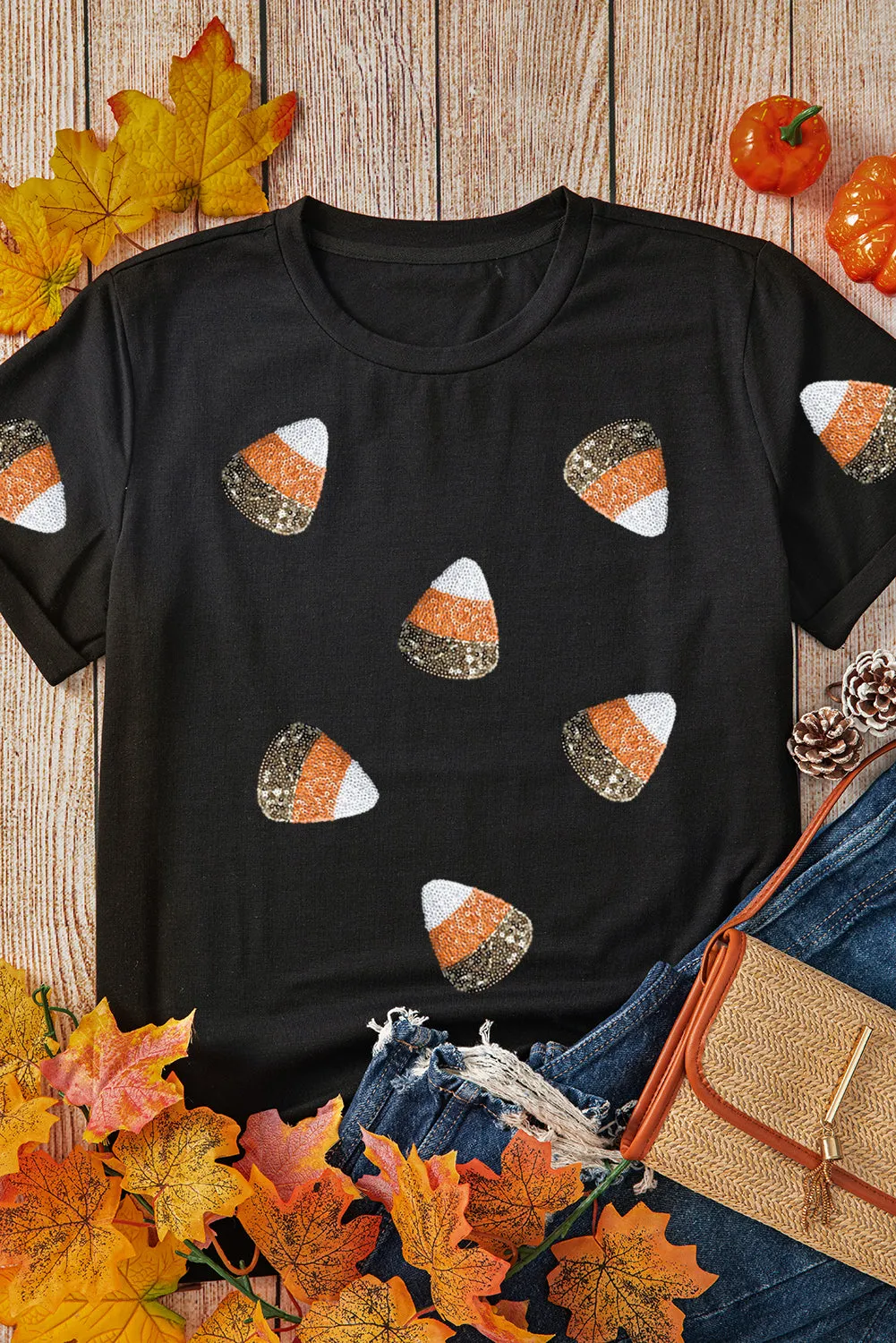 Black Sequin Triangle Patched Pattern Halloween T Shirt