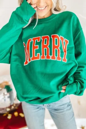 Bright Green MERRY Graphic Pullover Sweatshirt
