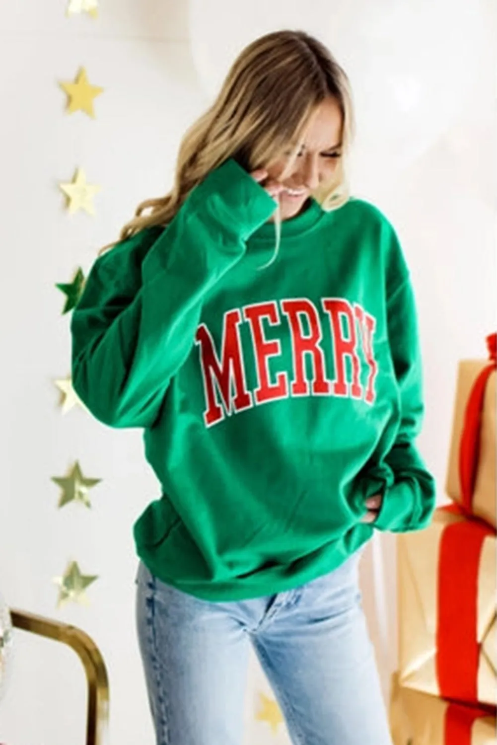 Bright Green MERRY Graphic Pullover Sweatshirt