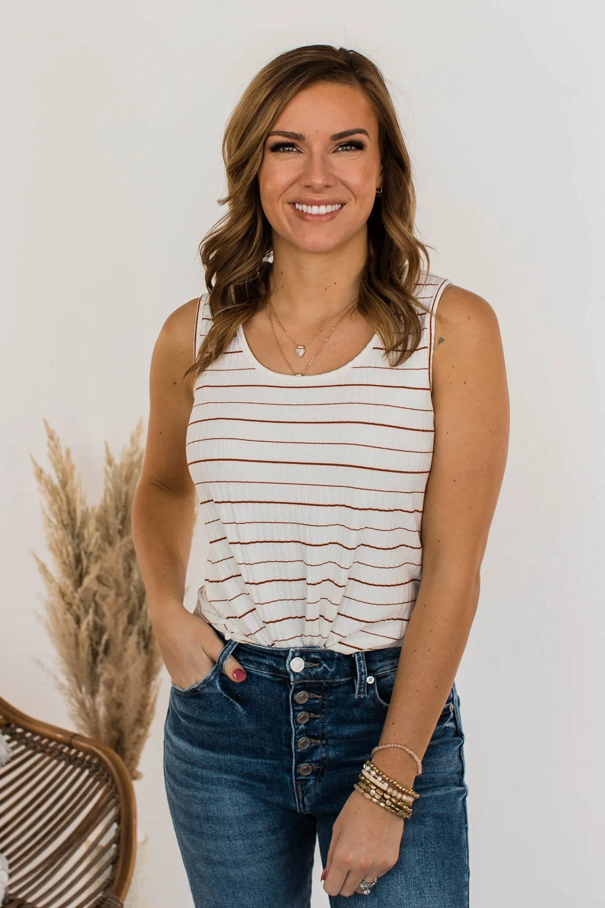Can't Change My Stripes Ribbed Tank- Brick & Ivory