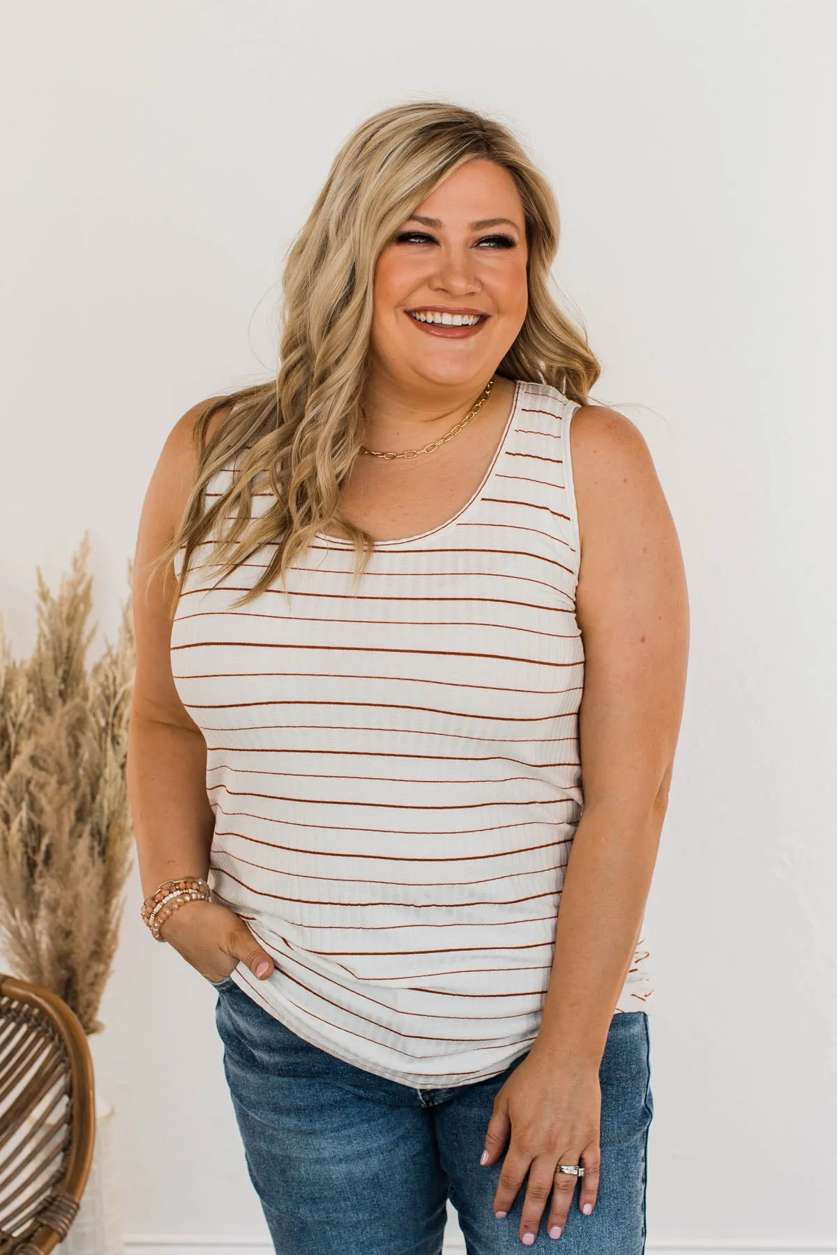 Can't Change My Stripes Ribbed Tank- Brick & Ivory