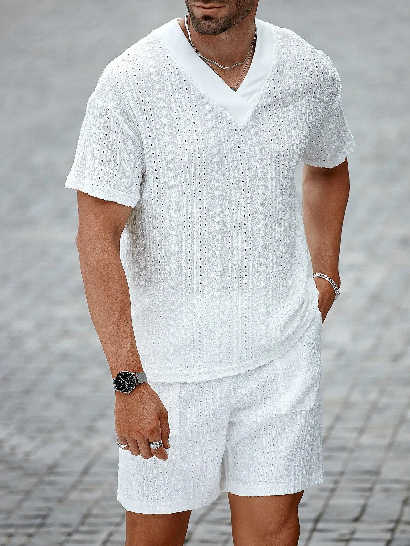 CasualCool Men Loose Fit V-Neck Waffle Fabric Set