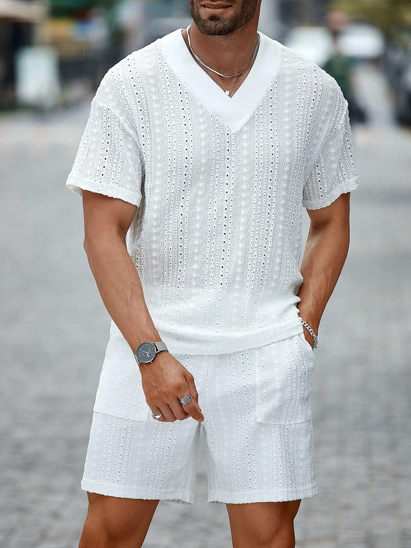 CasualCool Men Loose Fit V-Neck Waffle Fabric Set