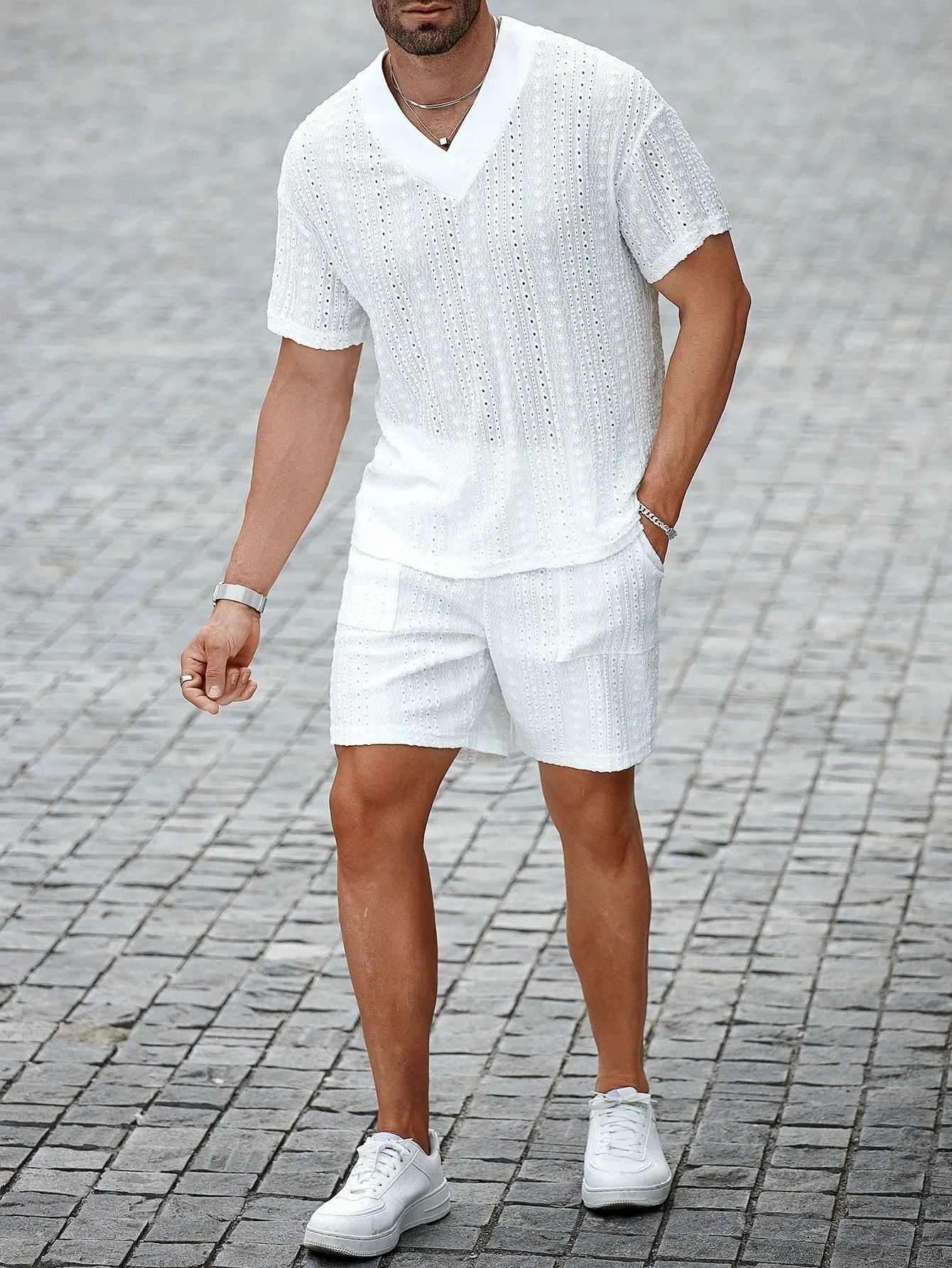 CasualCool Men Loose Fit V-Neck Waffle Fabric Set