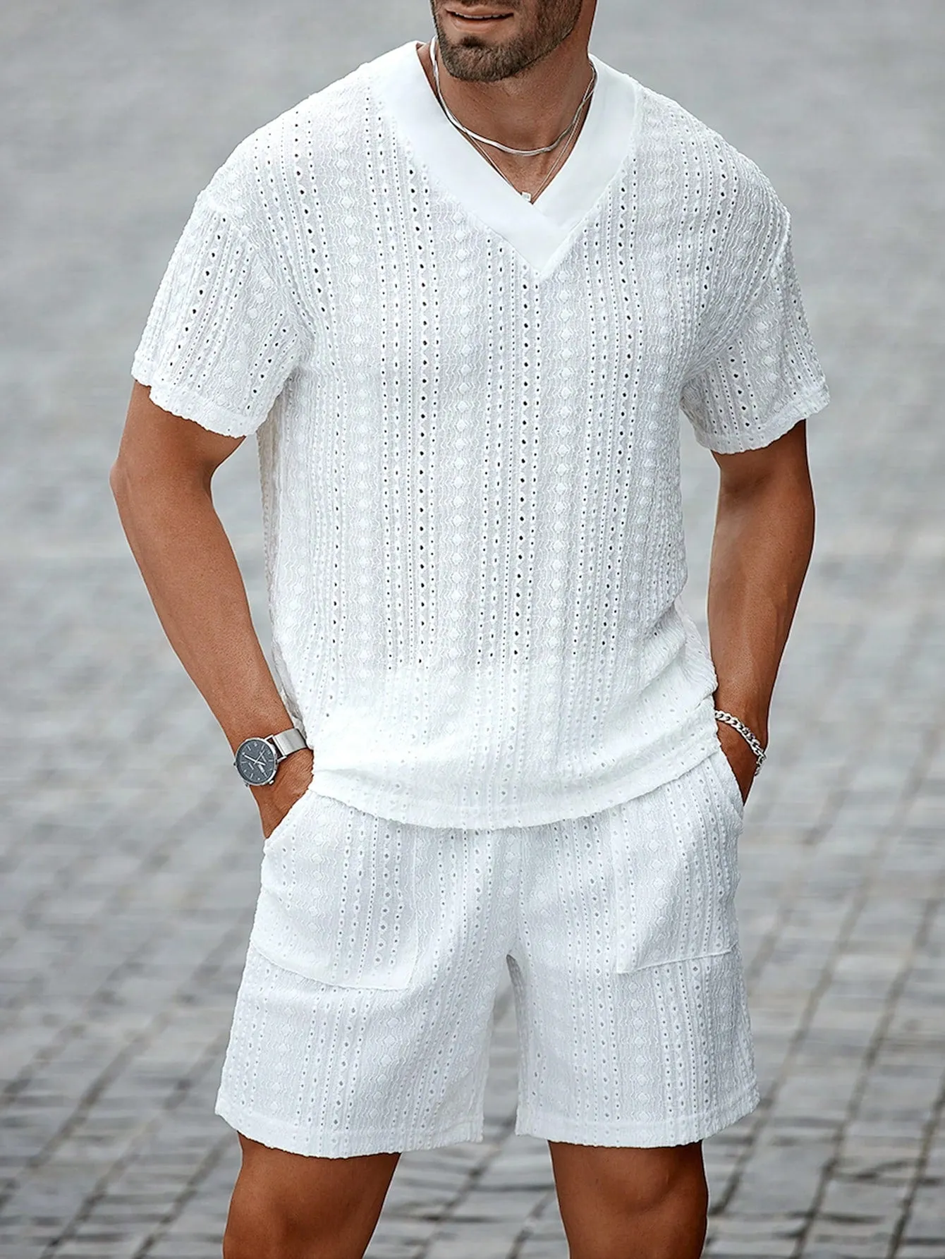 CasualCool Men Loose Fit V-Neck Waffle Fabric Set