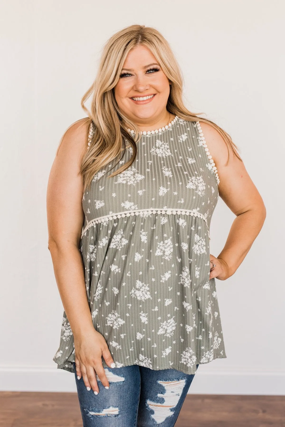 Cheerful Smiles Ribbed Knit Tank Top- Dusty Sage