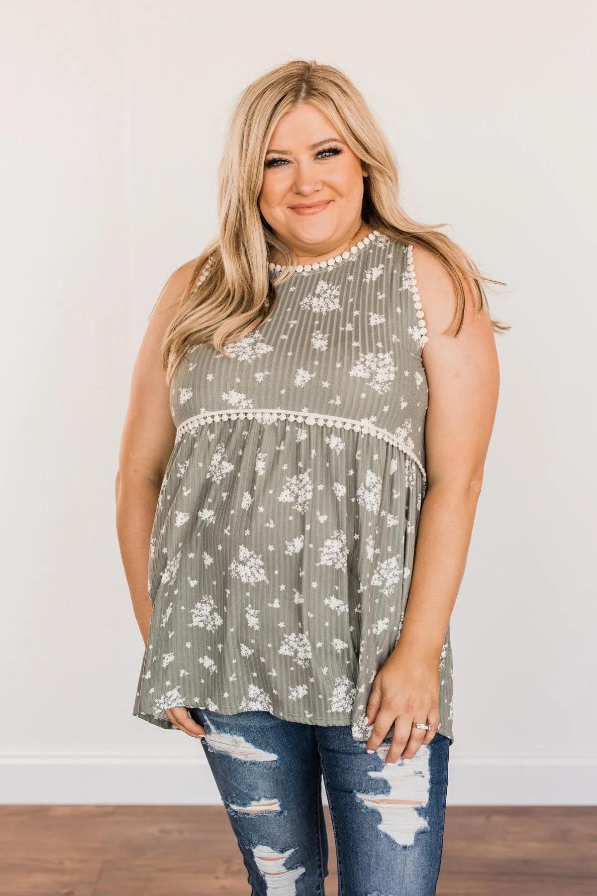 Cheerful Smiles Ribbed Knit Tank Top- Dusty Sage