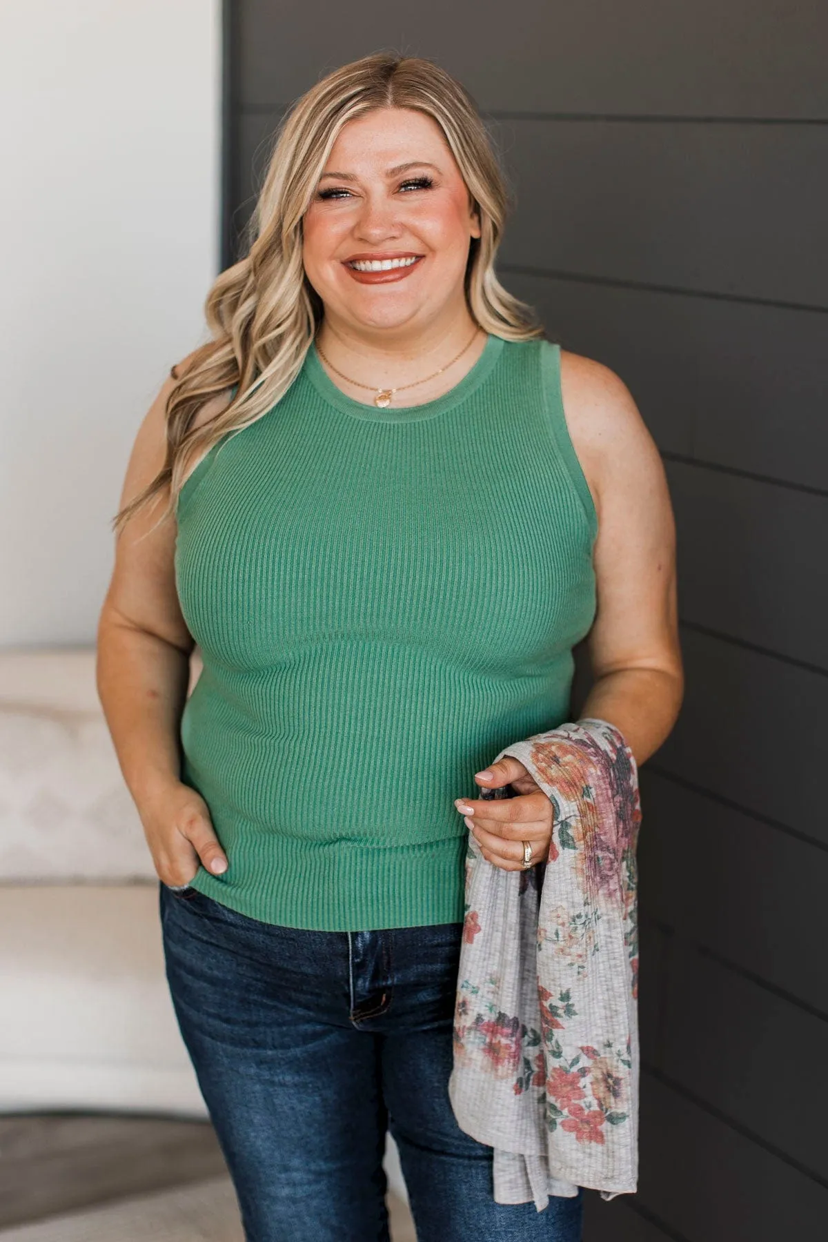 Cool Ambition Ribbed Tank Top- Light Jade