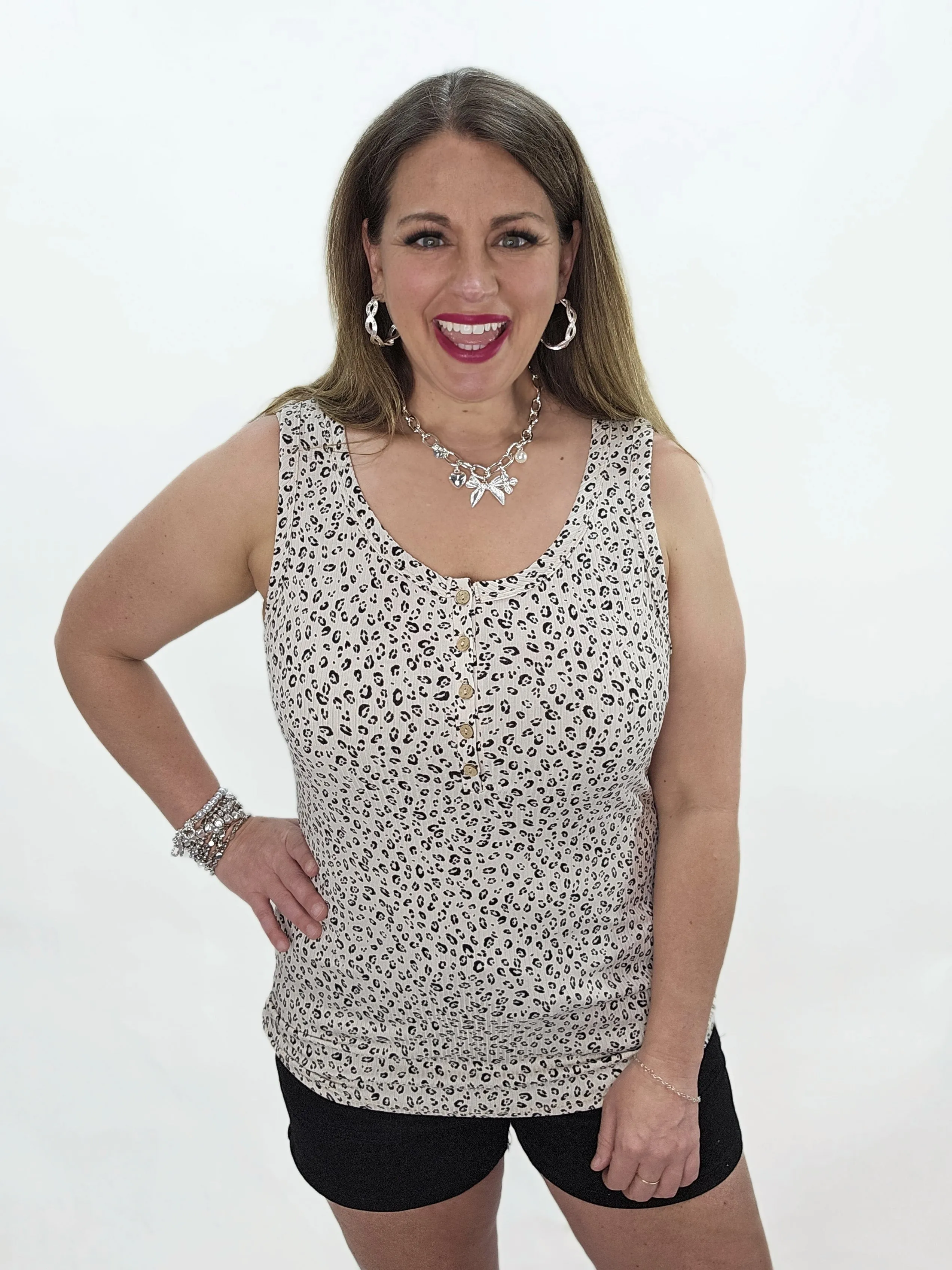 CREAM LEOPARD HENLEY RIBBED TANK