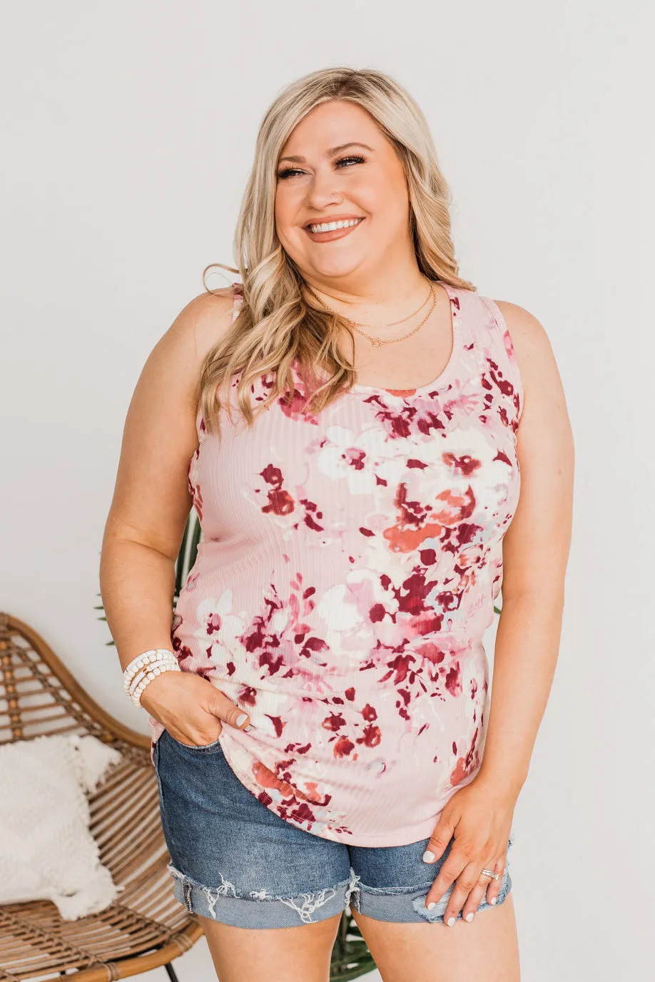 Dance On The Beach Ribbed Floral Tank- Blush