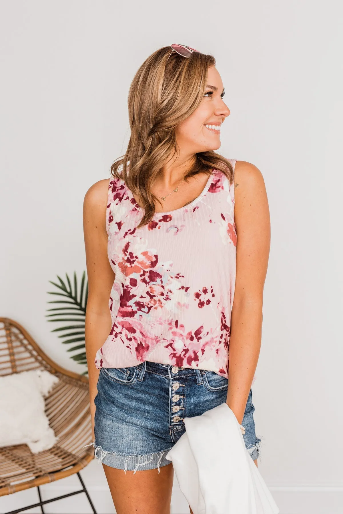 Dance On The Beach Ribbed Floral Tank- Blush