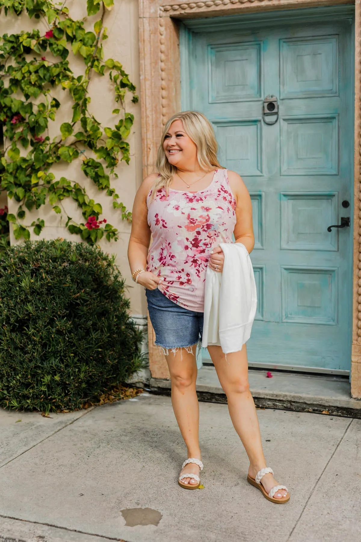 Dance On The Beach Ribbed Floral Tank- Blush