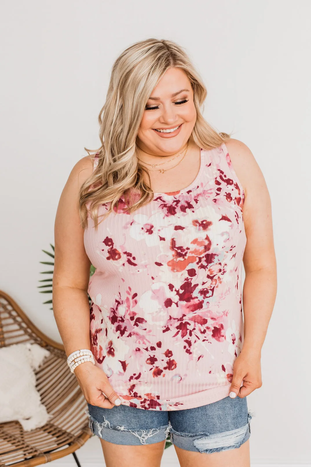 Dance On The Beach Ribbed Floral Tank- Blush