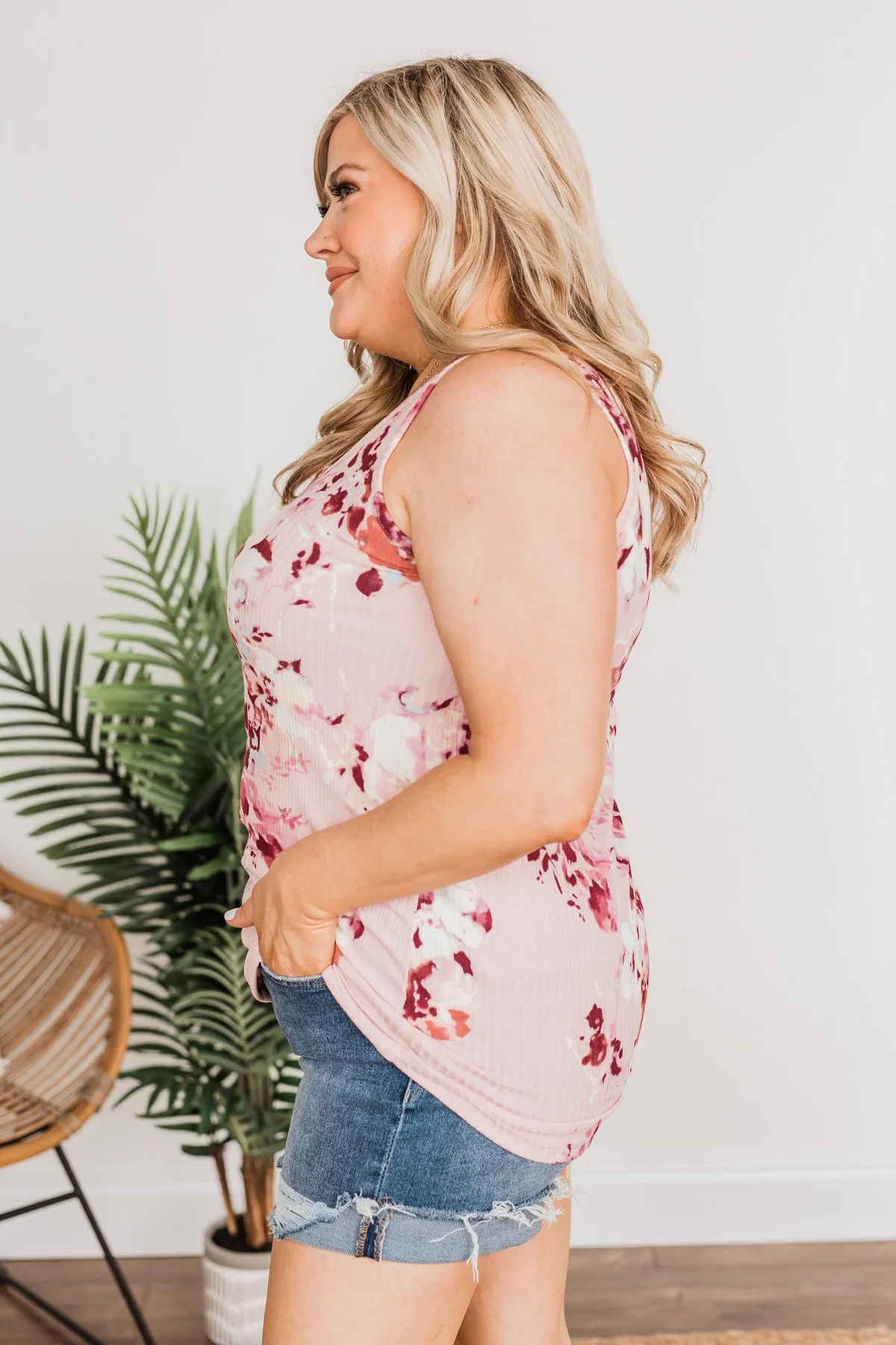 Dance On The Beach Ribbed Floral Tank- Blush