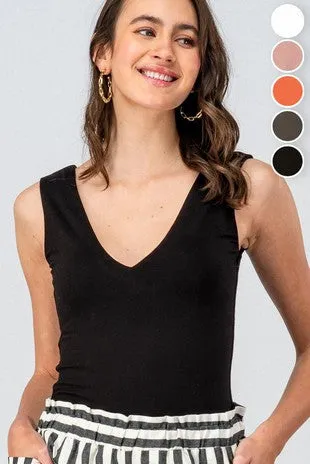Deep V-Neck Sleeveless Bodysuit - Black