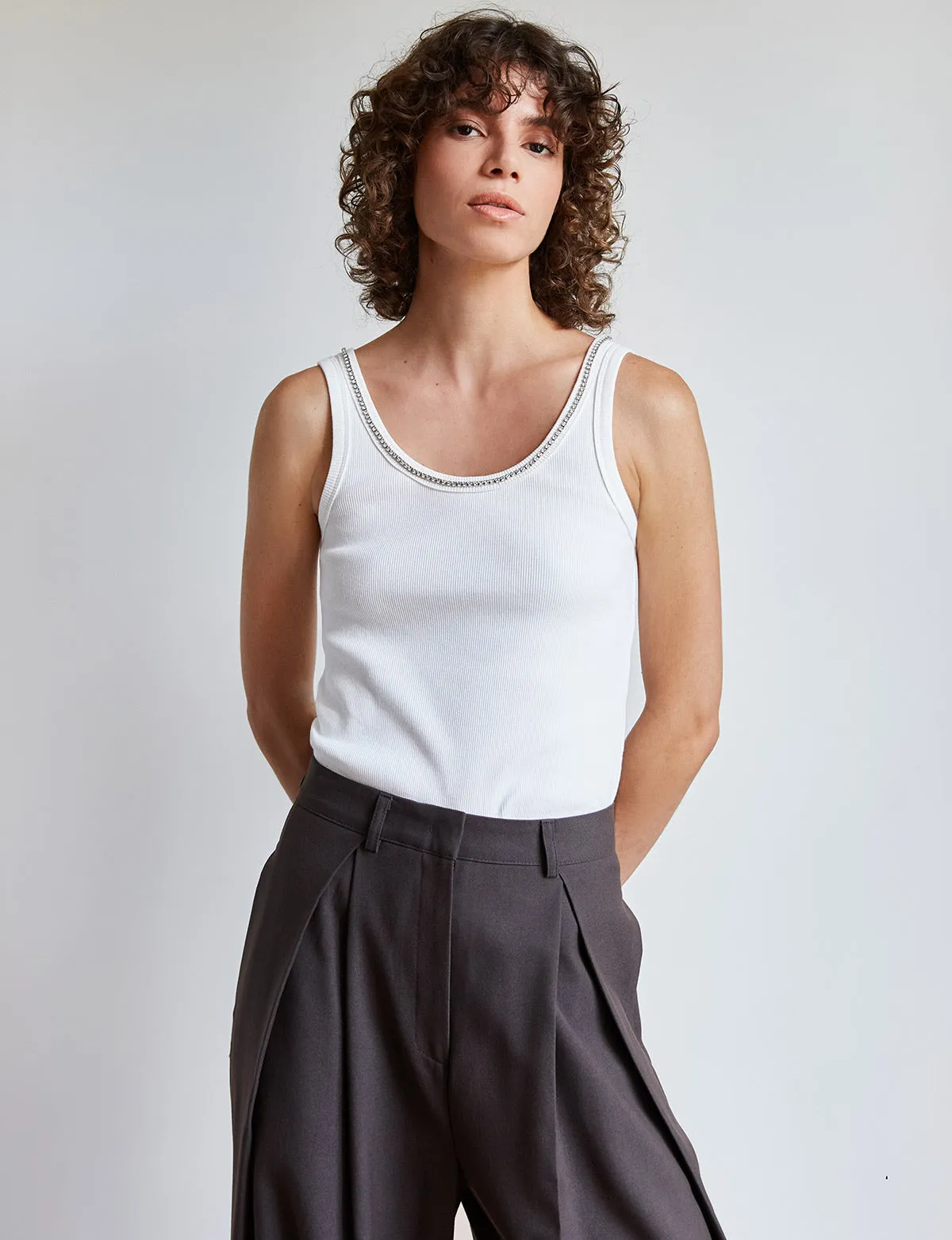 Diamond Neckline White Tank