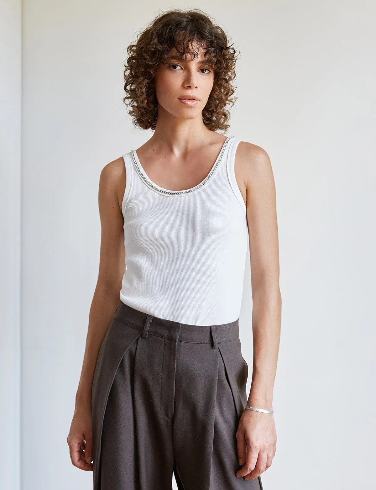 Diamond Neckline White Tank