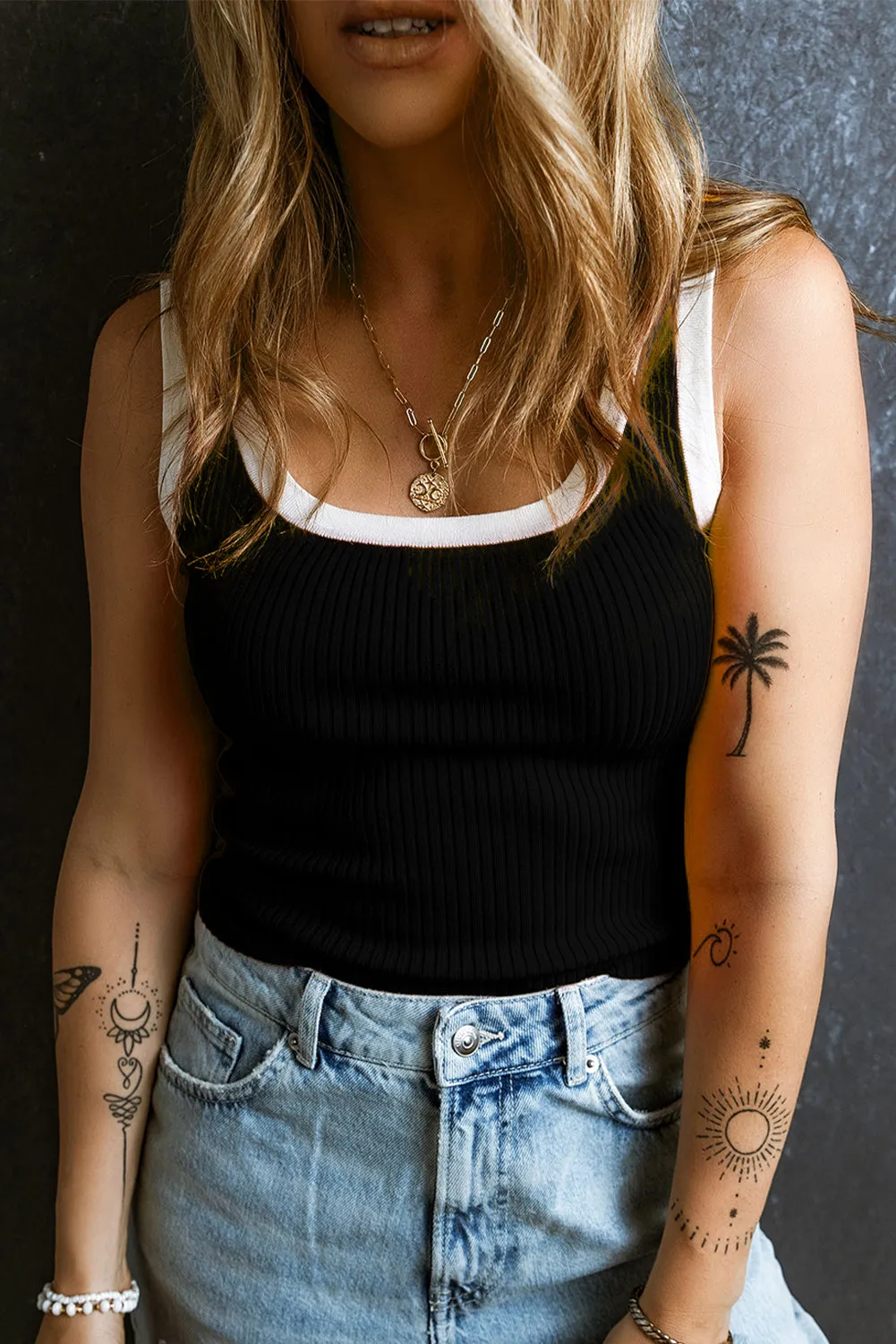 Edge Ribbed U Neck Tank Top
