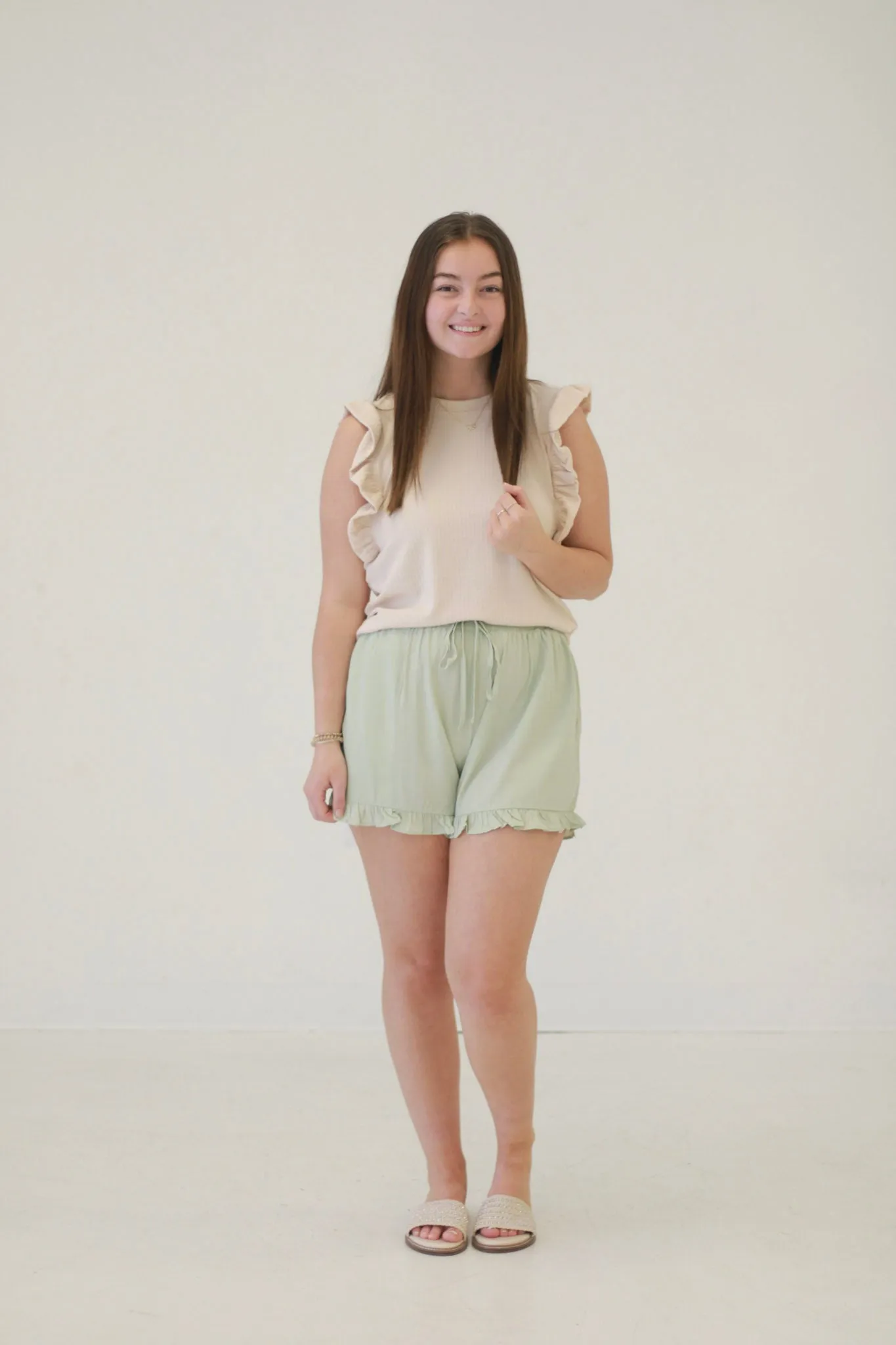 Effortless Style Ribbed Ruffled Sleeve Tank in Beige