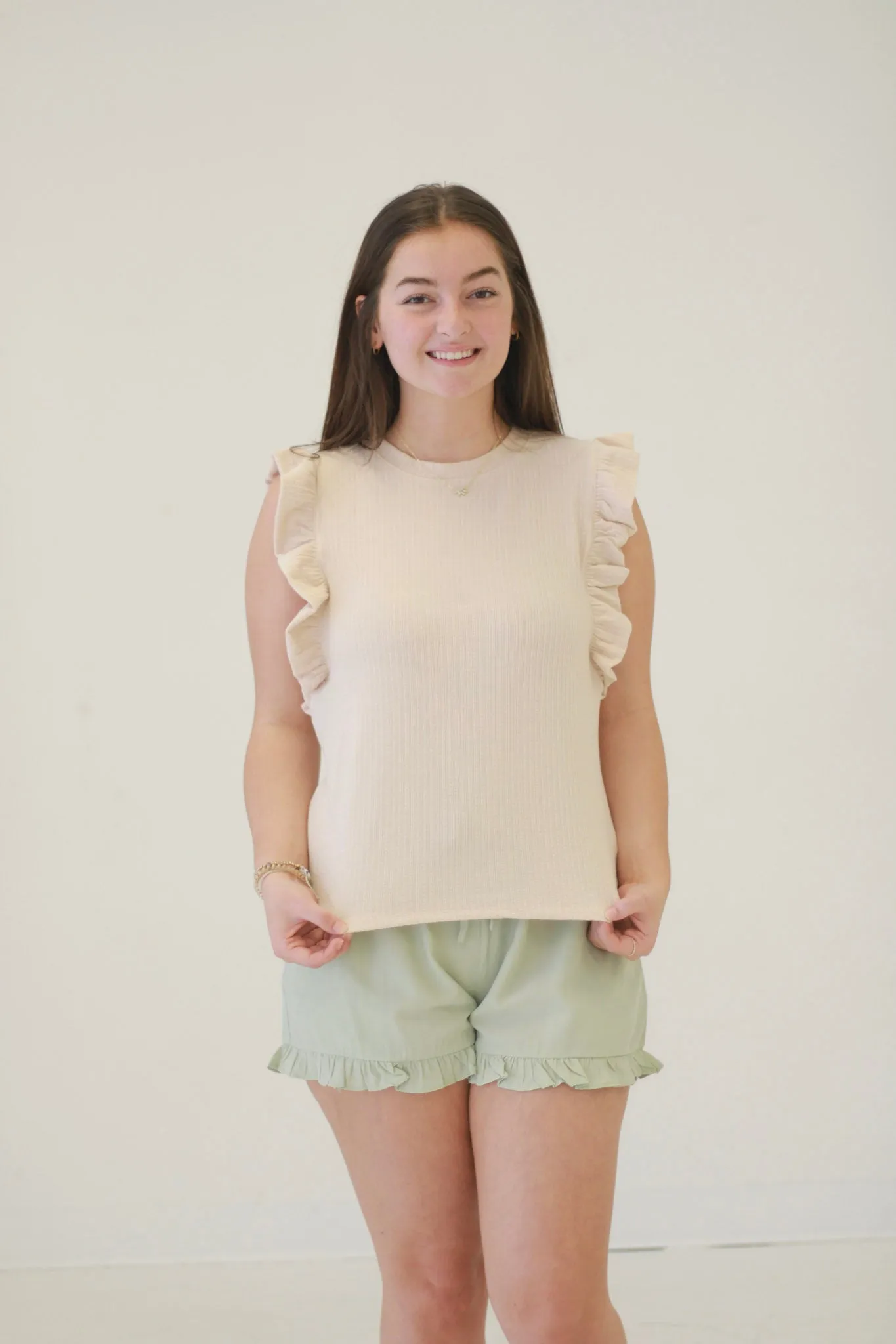 Effortless Style Ribbed Ruffled Sleeve Tank in Beige