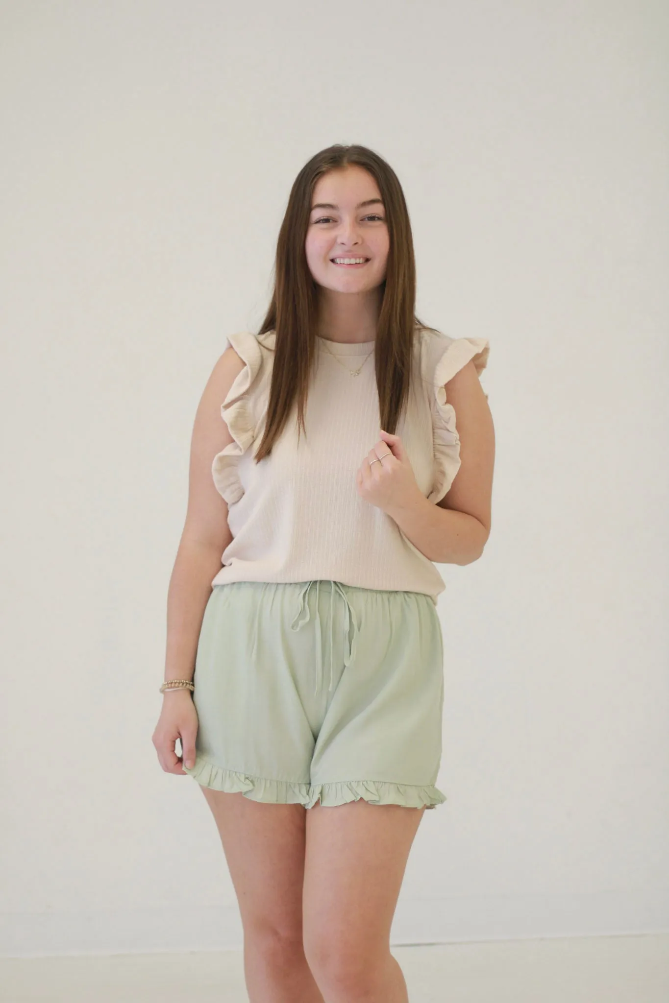 Effortless Style Ribbed Ruffled Sleeve Tank in Beige