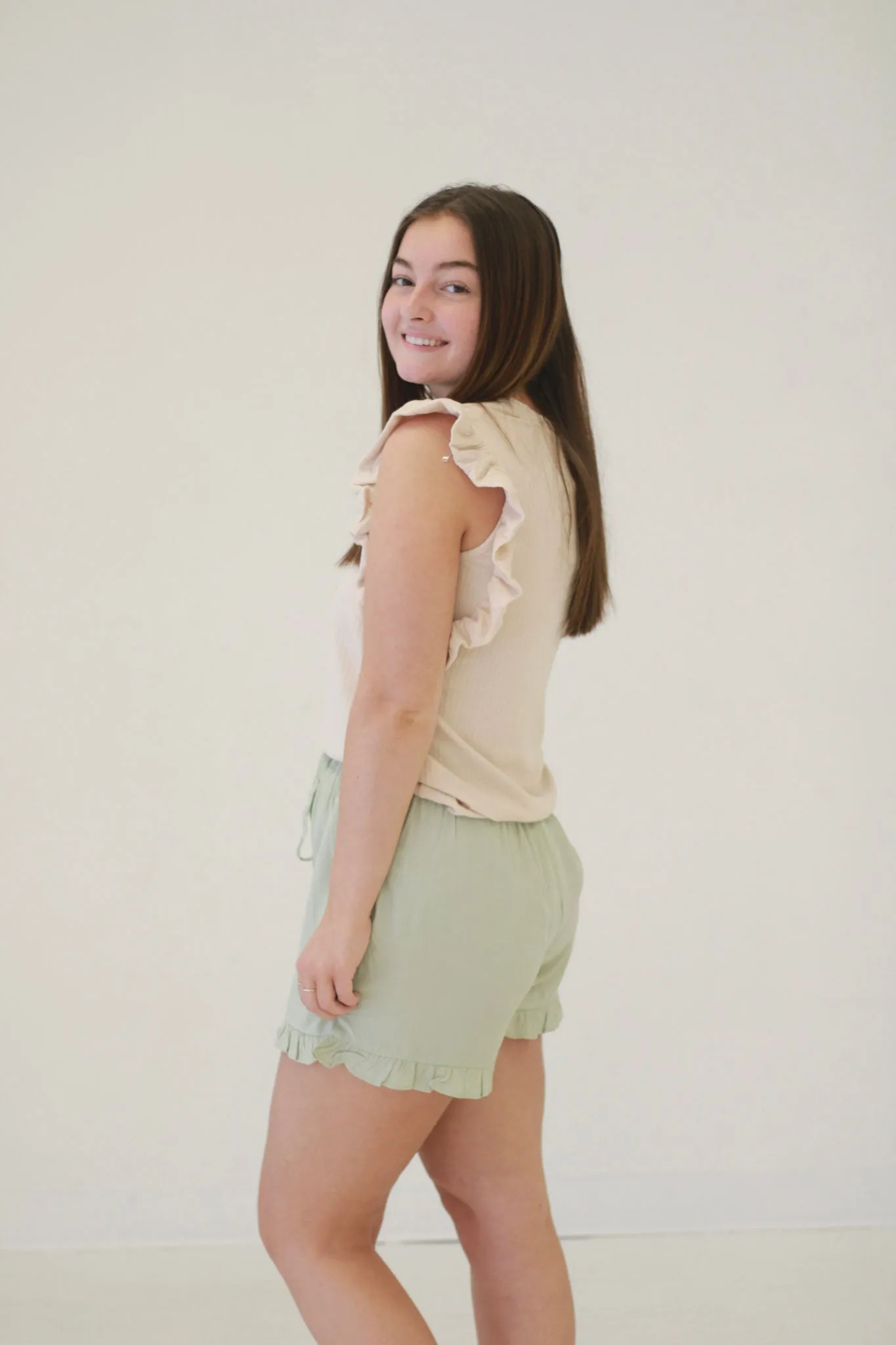 Effortless Style Ribbed Ruffled Sleeve Tank in Beige