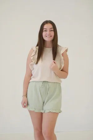 Effortless Style Ribbed Ruffled Sleeve Tank in Beige