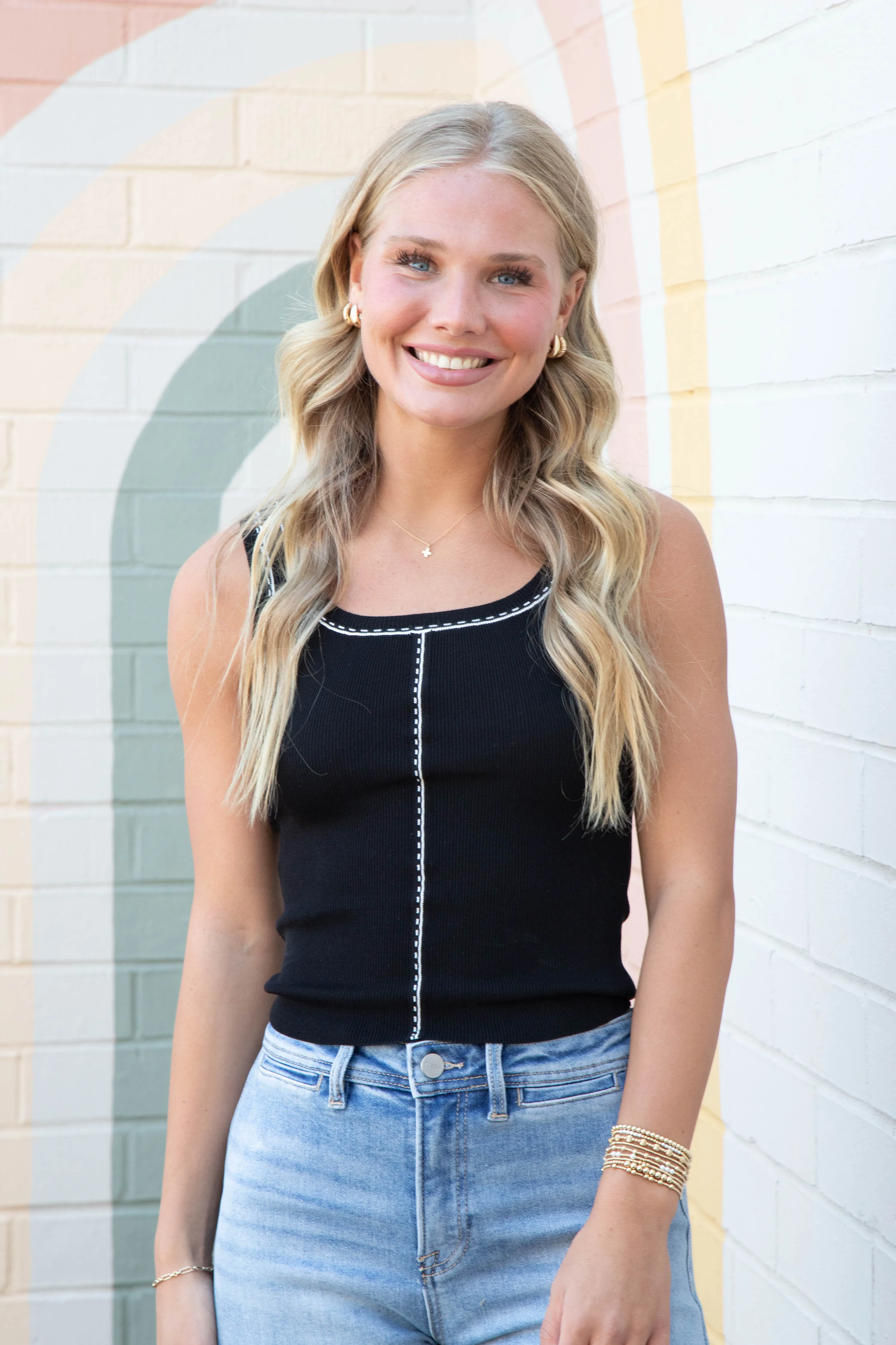 Ellie Contrast Line Stitch Detail Tank, Black