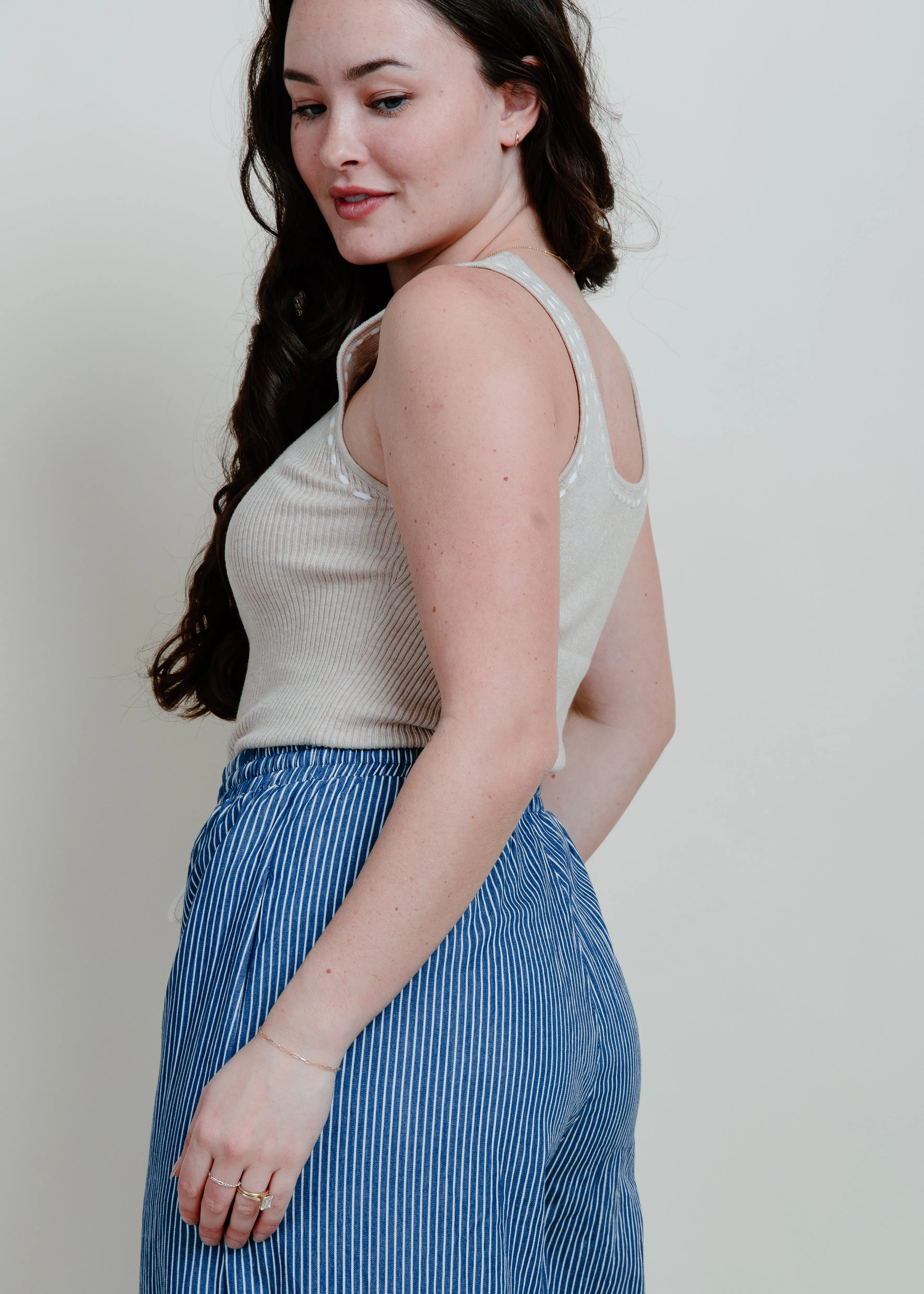 Elowyn Contrast Stitch Tank - Natural
