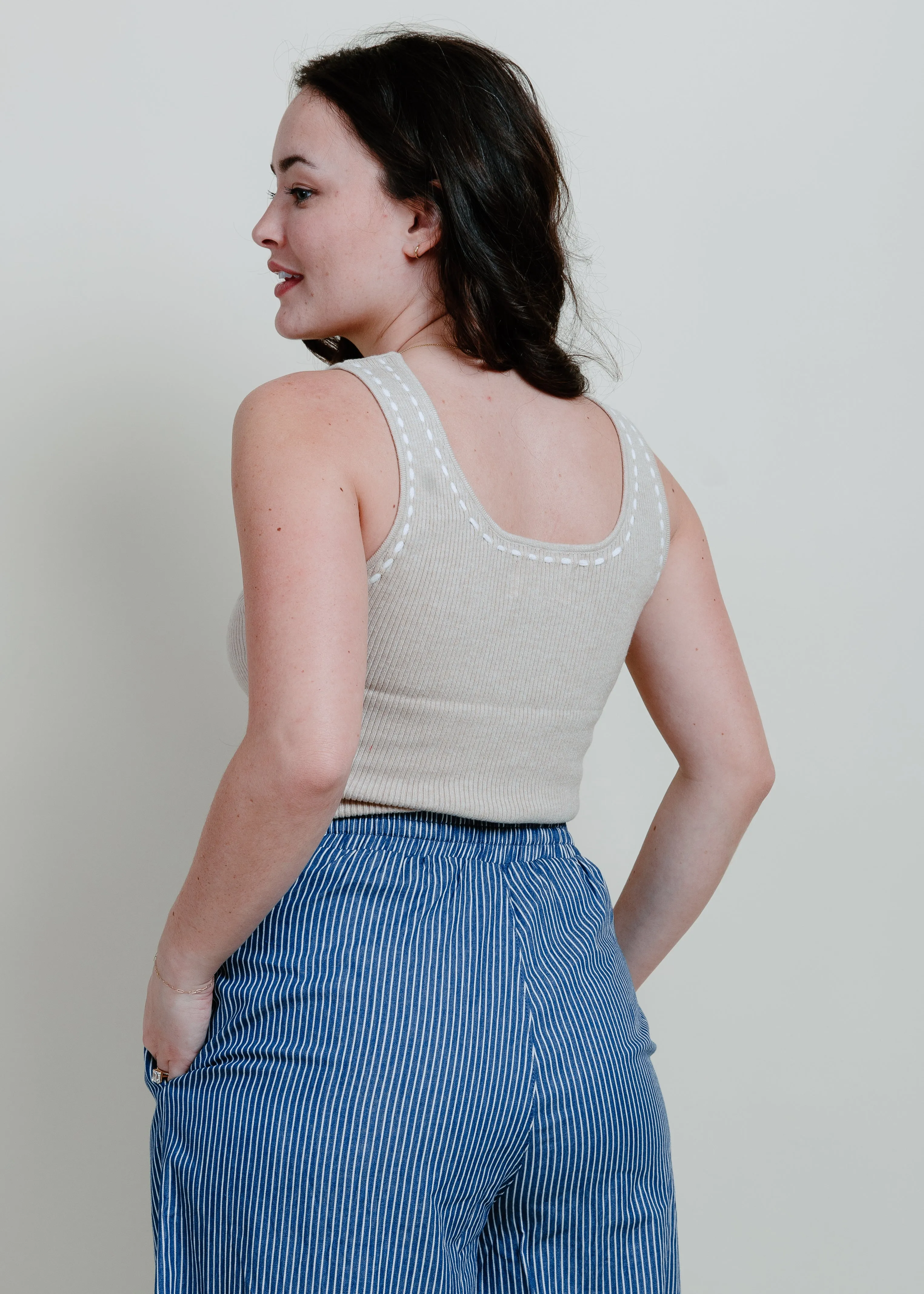 Elowyn Contrast Stitch Tank - Natural