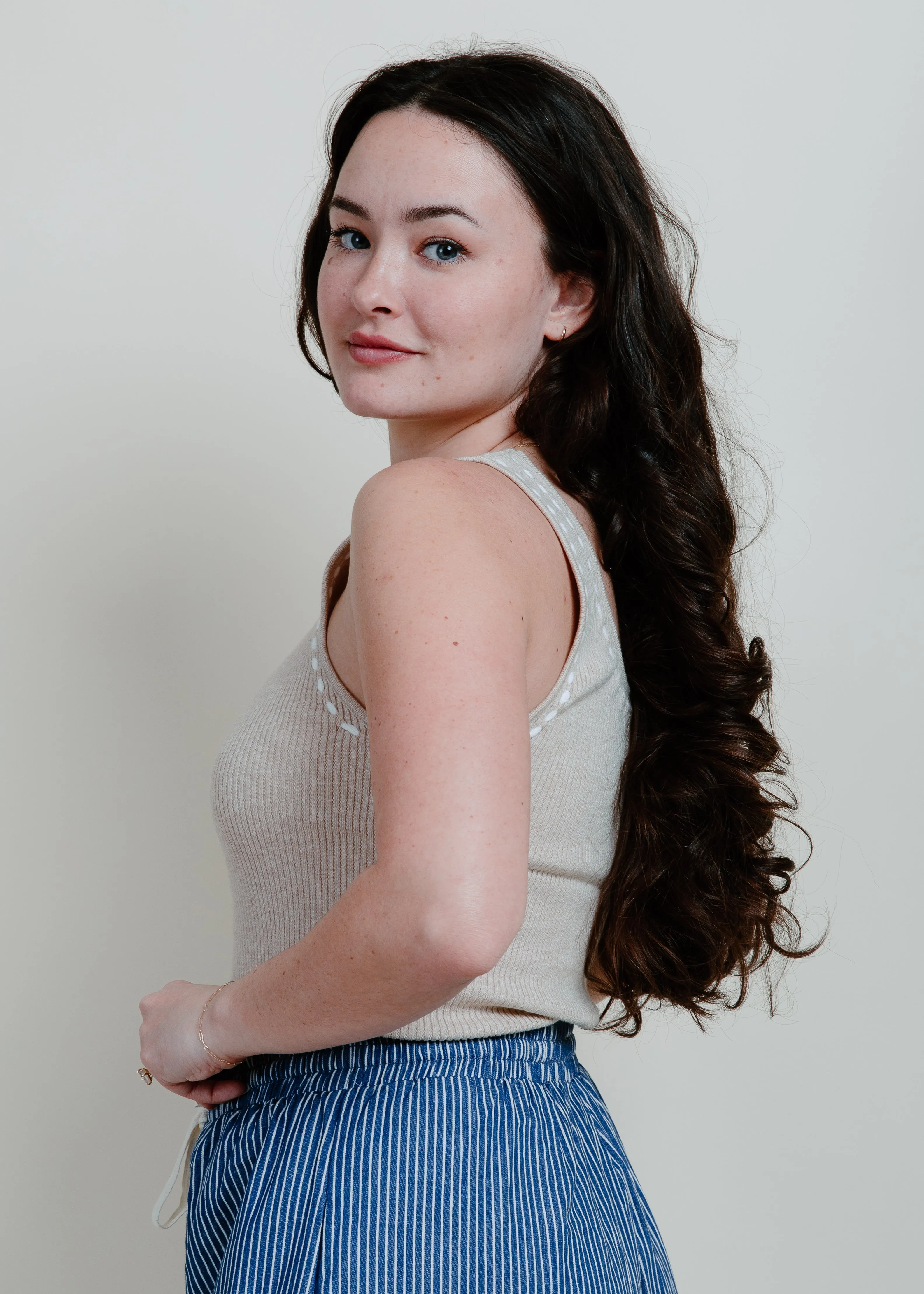 Elowyn Contrast Stitch Tank - Natural