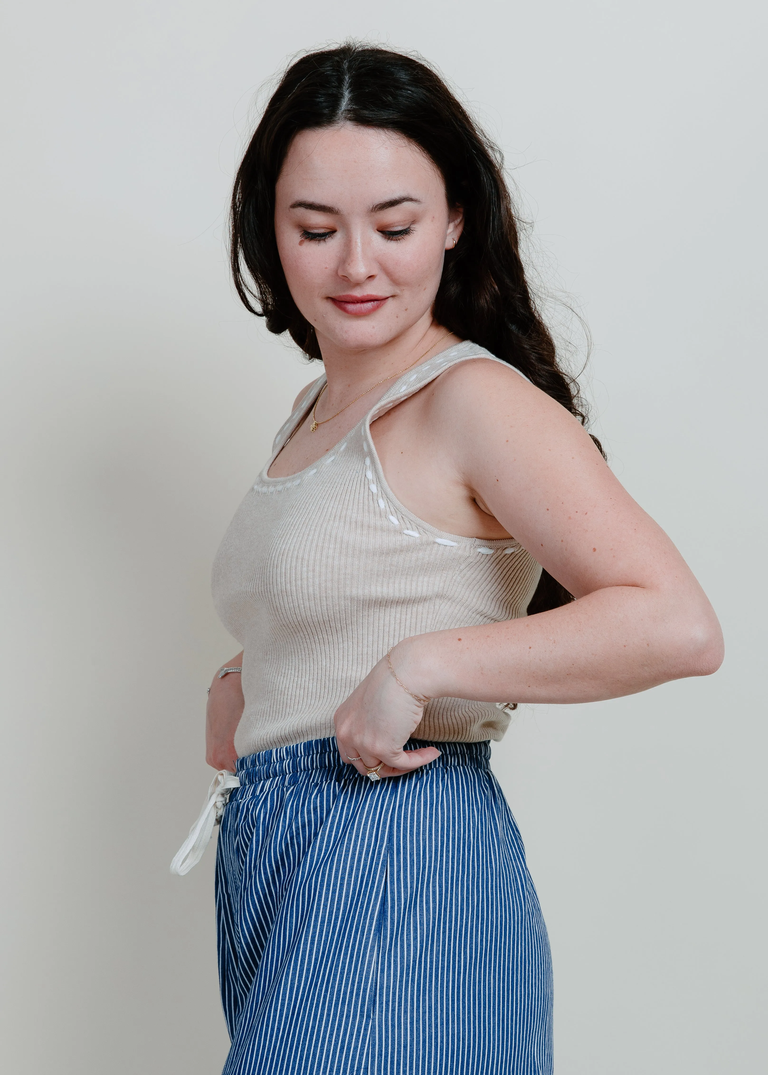 Elowyn Contrast Stitch Tank - Natural