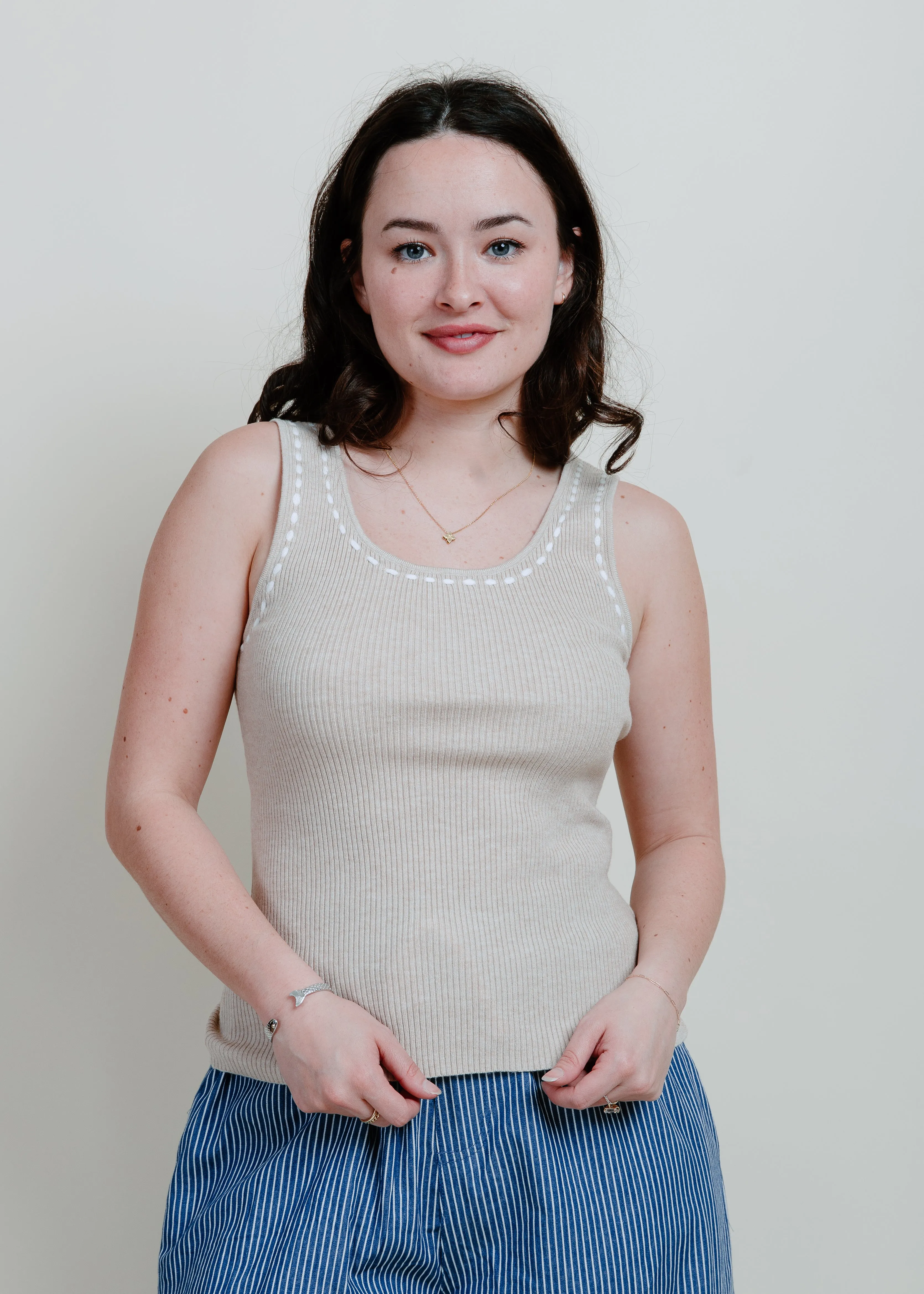 Elowyn Contrast Stitch Tank - Natural