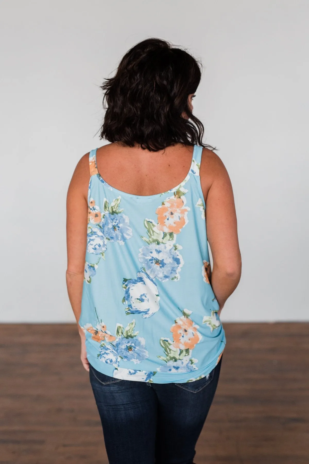 Everywhere I Go Floral Twist Tank Top- Sky Blue