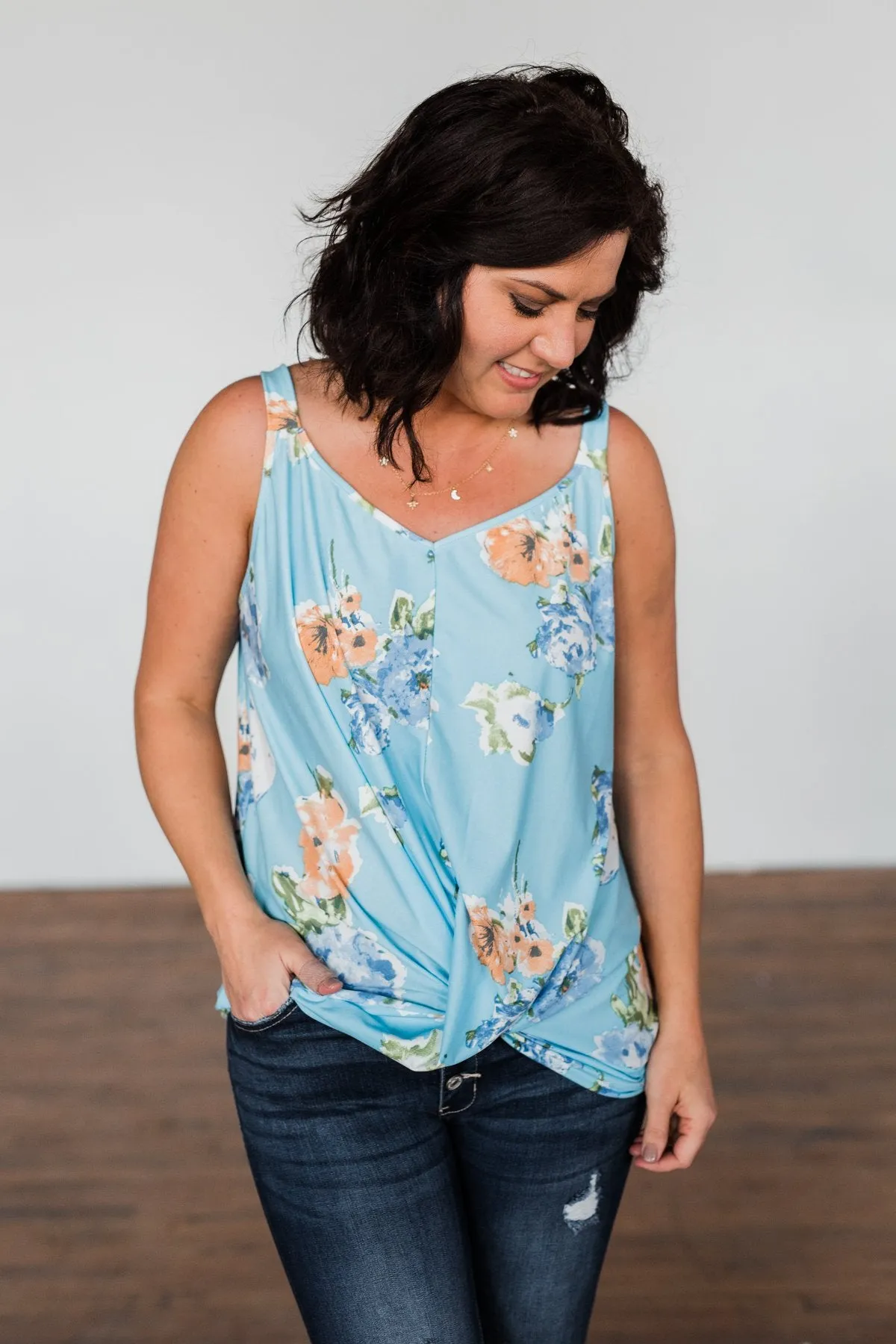 Everywhere I Go Floral Twist Tank Top- Sky Blue