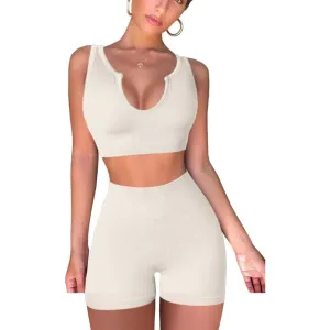 FAFOFA Seamless Workout Sets for Women Ribbed Sport Bra High Waist Running Shorts Gym 2 Piece Yoga Sets