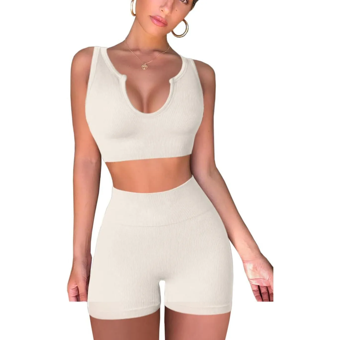 FAFOFA Seamless Workout Sets for Women Ribbed Sport Bra High Waist Running Shorts Gym 2 Piece Yoga Sets