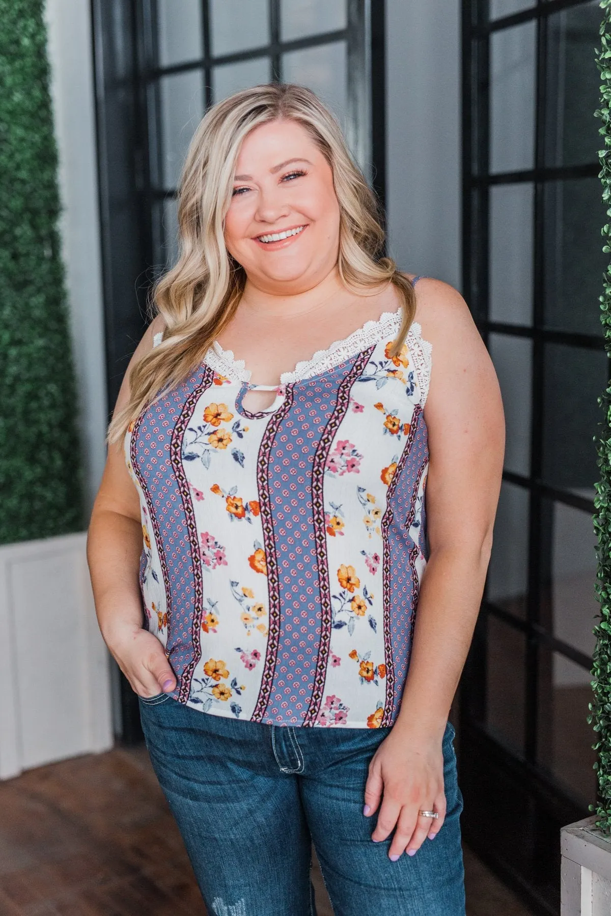 Flirty and Fun Keyhole Tank Top- Ivory & Dusty Blue