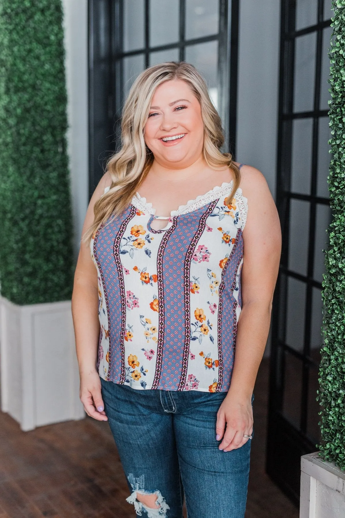 Flirty and Fun Keyhole Tank Top- Ivory & Dusty Blue