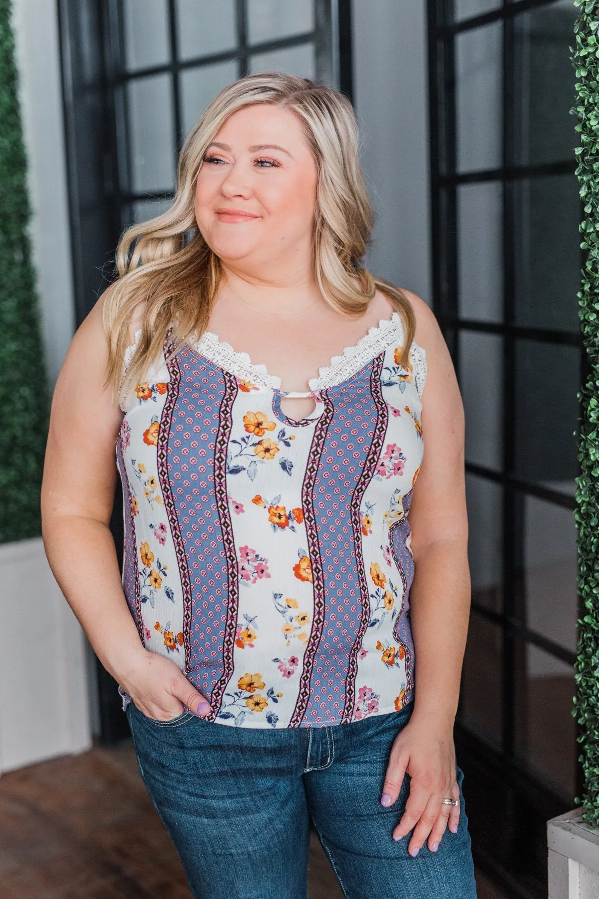 Flirty and Fun Keyhole Tank Top- Ivory & Dusty Blue