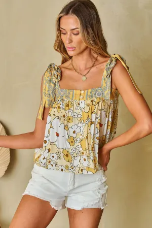 Floral Tied Straps Buttoned Tank Top