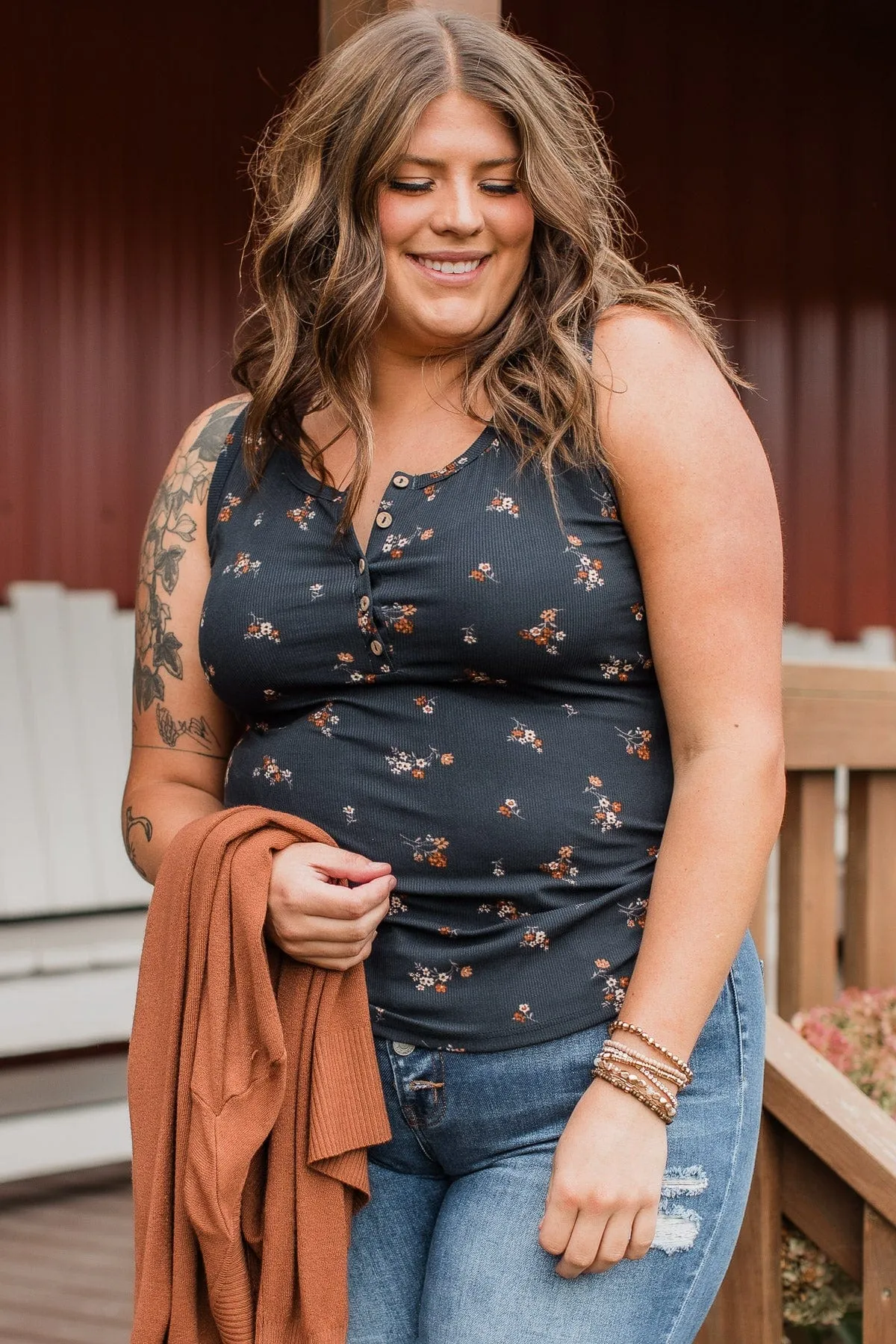 Friends For Life Floral Tank Top- Navy